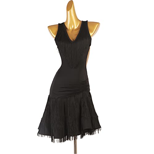 kzytamz Damen Neckholder Latein Tanzkleider Schwarz Latein Turnierkleid Kostüm Fransensaum Lateinisches Turnierkleid Tango Soziale Wettbewerb Kostüme (S,Black) von kzytamz