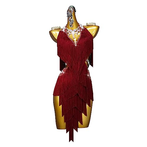 kzytamz Damen Quaste lateinisches Tanzkleid Frauen Ballsaal Kleid exy Hoher Schlitz Rückenfrei Quaste Strass Schmaler Tanzrock Professionelles Wettkampfkostüm (L,Red) von kzytamz