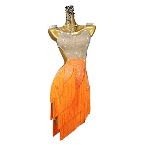 Kleid Damen Latein Tanzkleid Strass Pailletten Quaste Flapper Kleid Salsa Tango Ballsaal Weibliches Kleid Lateinischer Tanz Quaste (M,orange) von kzytamz