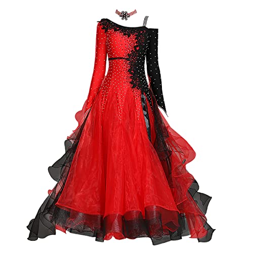 kzytamz Langarmes Walzer Kleid, Moderner Tanzrock Kleid Ballsaal-Tanzkostüm?Walzer Tango Glatte Turnierkleider Simuliertes Seidentuch Big Swing Dress (M,Red) von kzytamz