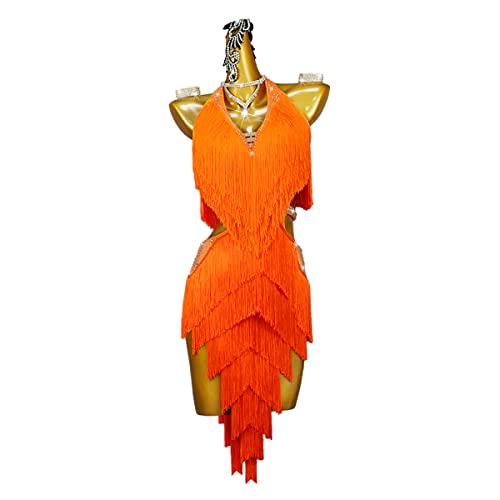 kzytamz Latein Tanz Kleid für Damen Sexy Kleiner V-Ausschnitt mit einem rückenfreien Design für einen modischeren Look Lateinisches Tanzkleid Damen (M,Orange) von kzytamz