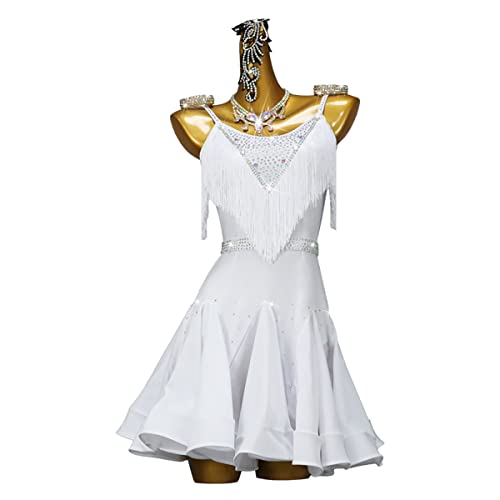 kzytamz Latein Tanz Performance Kleider Mit Fransen Für Damen Ärmelloses Tango Modern Turnierkleid Mit V-Ausschnitt Gesellschafts latein Kleid Damen latein Kleider Latino Kleid (L,White) von kzytamz