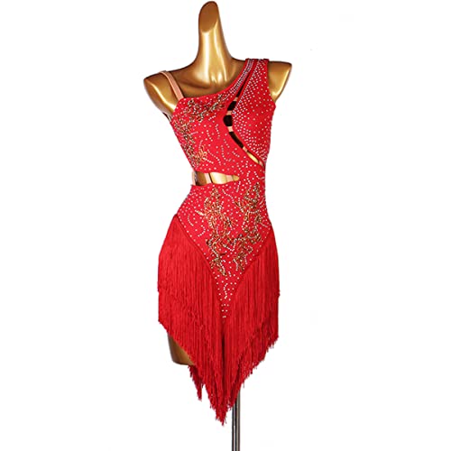 Lateinisches Tanzkleid Damen Fransen Latin Dance Kleider für Frauen Ballsaal Salsa Samba Rumba ChaCha Kostüm Beruf Latin Competition Dress Walzer Performance Kleid (XXL,Red) von kzytamz