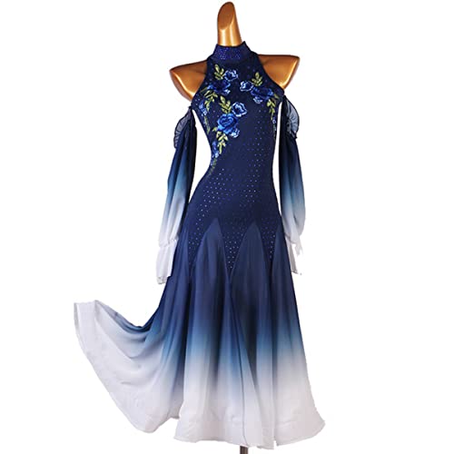 kzytamz Modernes Walzer-Tango-Kleid für Damen, National Standard Ballsaal Tanzen Leistungskostüm Tanzkleid Sommer, hoher Kragen, Lange Ärmel, Ballsaalkleider Großem Swingrock (M,Blue) von kzytamz