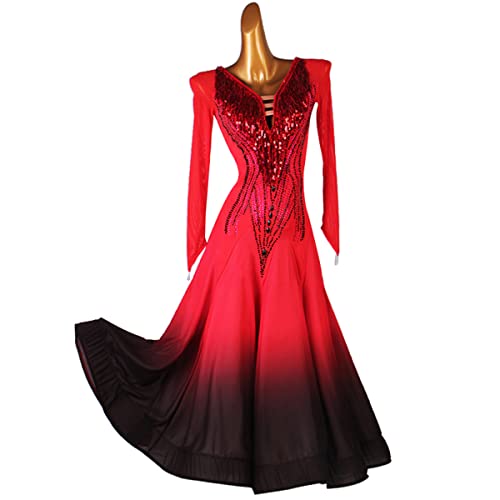 kzytamz National Standard Dance Dress Competition Kostüme Damen V-Ausschnitt Ballsaalkleider Modernes langärmliges Walzerkleid Für Frauen Flamenco Kleid Großem Swingrock (XXL,Red) von kzytamz