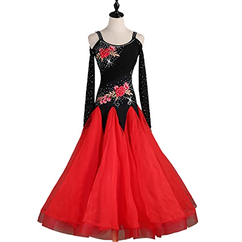 kzytamz Professionelle National Standard Dance Dress Für Frauen Langärmeliger Walzer Kleider Standard-Tanzkleider Spitze Modernes Tanzkleid Gesellschaftstanz Kleid Walzer (L,Red) von kzytamz