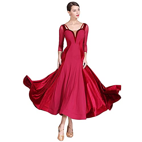 kzytamz Tanzkleider Damen Standard Lange Ärmel Performance Kleider Tanzkleidung Spitzenkleid Standard Modern Dance Performance Kostüme für Swing Competition Dance Kleider (XL,Red) von kzytamz