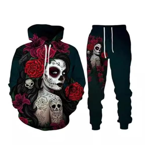 lFTEGUFKXS Damen Totenkopf Tracksuit Freizeitanzug Trainingsanzug Set 2 Stück jogginganzug Skull Sportanzug Hoodie und Hose (Sportanzug11,6XL) von lFTEGUFKXS