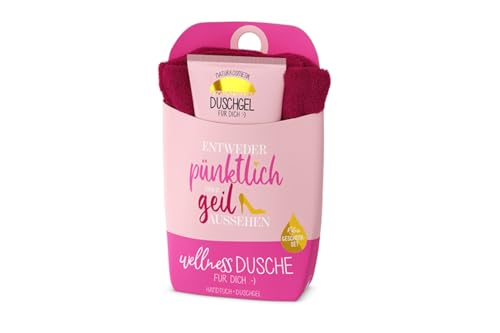 la Vida Wellness-Dusche Geschenkset Duschgel+Baumwoll-Handtuch, Serie-Mädels (Entweder pünktlich oder geil aussehen) von la Vida