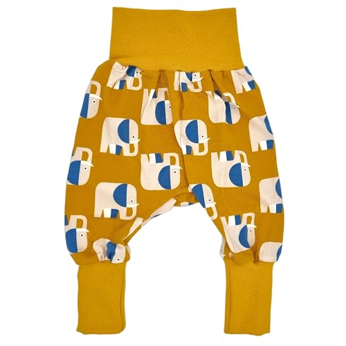 la.nunu Hose für Kinder - Elefanten Senfgelb 50-56 - Kinderhose aus Baumwolle - Handarbeit - Baby Jungen Mädchen Pumphose Jogginghose Haremshose Mitwachshose von la.nunu