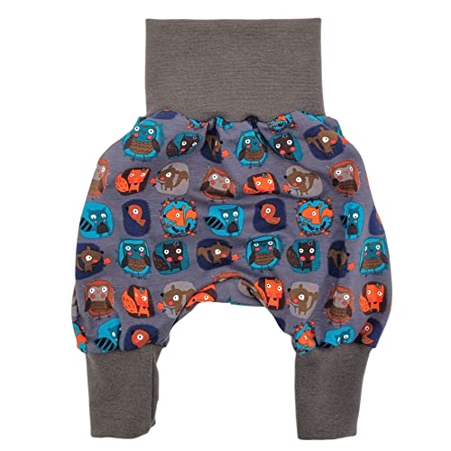 la.nunu Hose für Kinder - Fröhliche Tiere Grau 110-122 - Kinderhose aus Baumwolle - Handarbeit - Baby Jungen Mädchen Pumphose Jogginghose Haremshose Mitwachshose von la.nunu