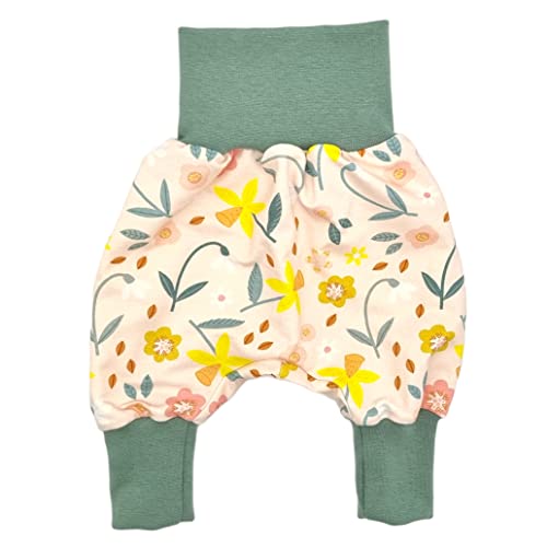 la.nunu Hose für Mädchen - Blumen Rosé 50-56 - Kinderhose aus Baumwolle - Handarbeit - Baby Kinder Pumphose Jogger Jogginghose Haremshose Mitwachshose von la.nunu