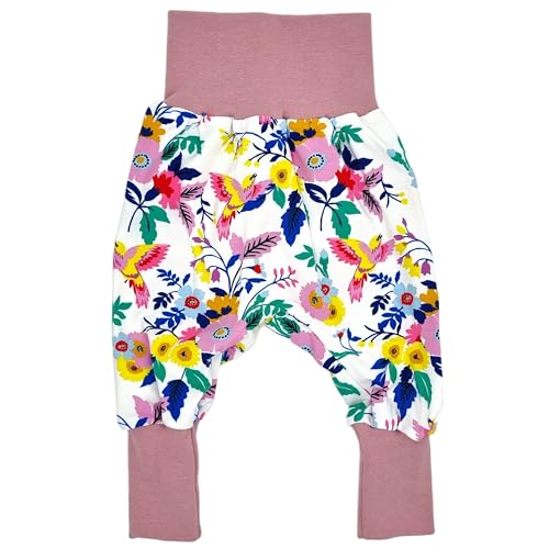 la.nunu Hose für Mädchen - Bunte Blumen und Vögel 110-122 - Kinderhose aus Baumwolle - Handarbeit - Baby Kinder Pumphose Jogger Jogginghose Haremshose Mitwachshose von la.nunu