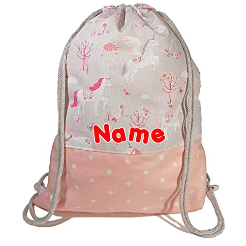 la.nunu Turnbeutel mit Wunschnamen für Mädchen - Einhörner Rosa Klein - Handarbeit - Rucksack Namen Kinder Kindergarten Schule Kita von la.nunu