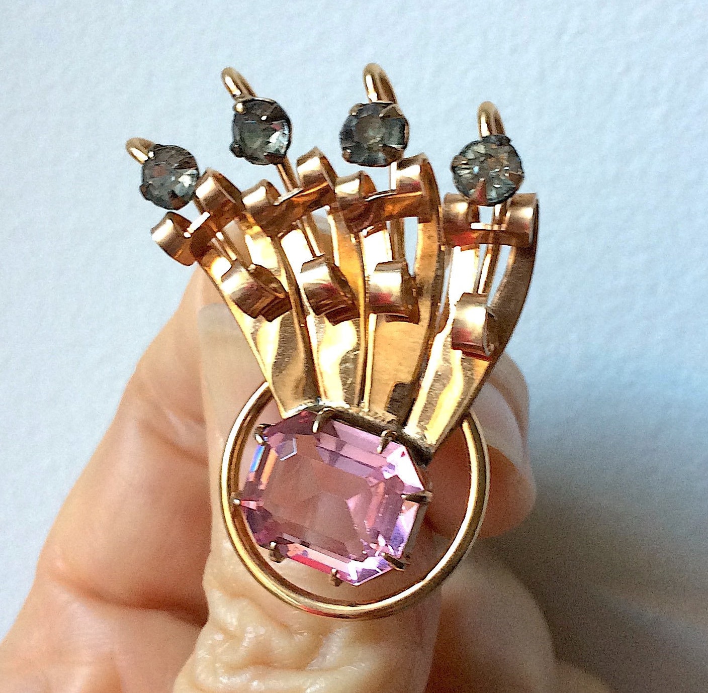 Vintage 12K Gold Filled Strass Pin Anhänger Rosa Kristall, Abstraktes Design von laNonaPorta