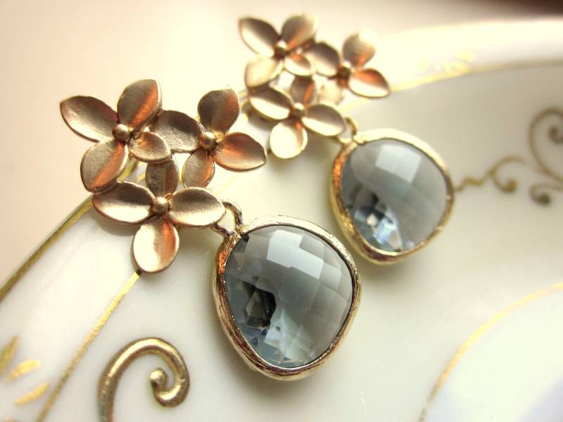 Anthrazit Grau Ohrringe Gold Kirschblüten - Sterling Silber Beiträge Brautjungfer Hochzeitsschmuck Valentinstag Geschenk von laalee