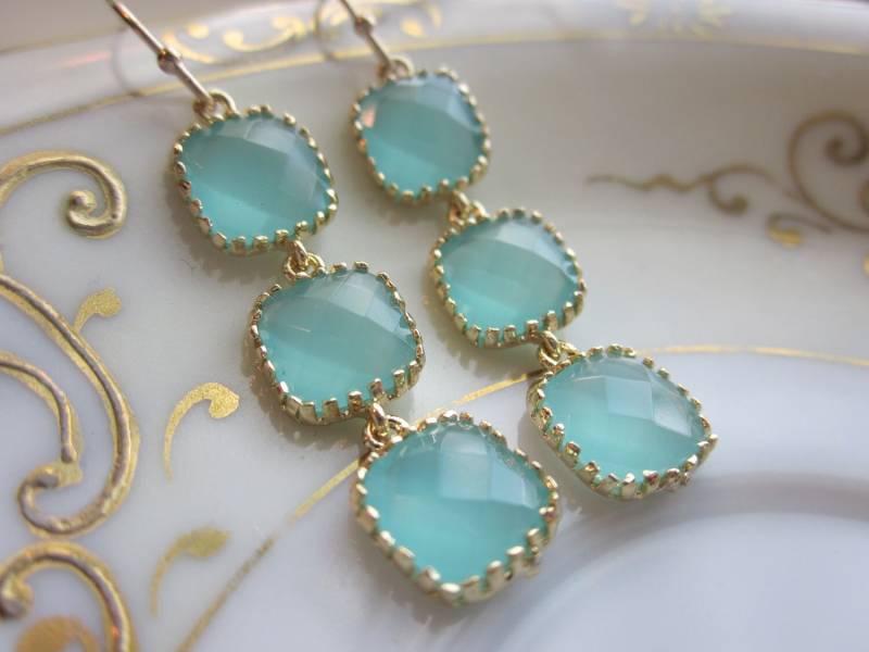 Aqua Blau Mint Ohrringe Gold Überzogen - Drei Tier Quadrate Brautjungfer Braut Schmuck Hochzeit Sch von laalee