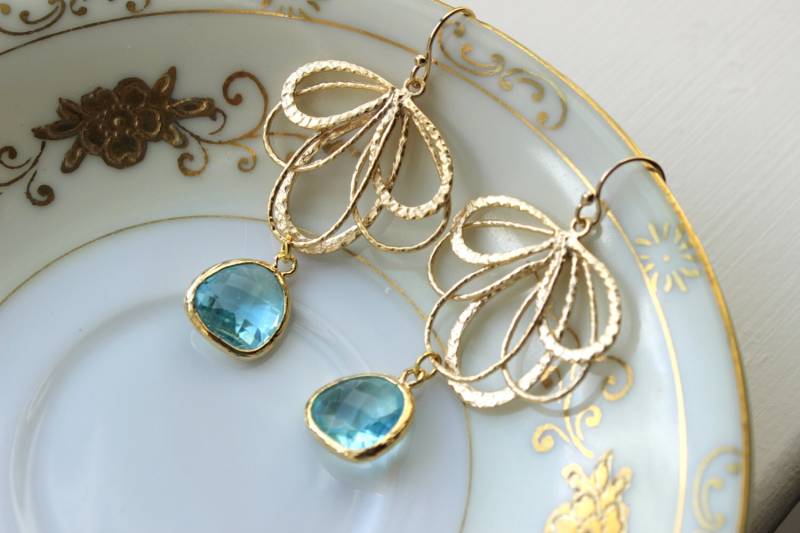 Aquamarin Ohrringe Gold Feder Aqua Blau - Brautjungfer Braut Hochzeit Schmuck von laalee
