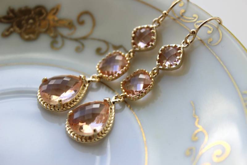 Champagner Erröten Ohrringe Gold Drei Stufe Pfirsich Brautjungfer - Hochzeitsschmuck Braut Weihnachts-Geschenk von laalee