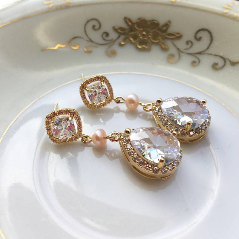 Kristallohrringe Gold Klar Ohrringe Champagner Erröten Perlenschmuck Hochzeit Schmuck Brautjungfer Geschenk Braut von laalee