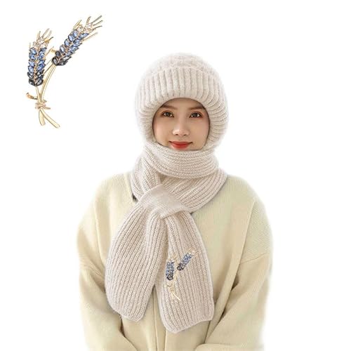 laamei Integrierter Gehörschutz Winddichte Mütze Schal,2 in 1 Winddichter Mützenschal Niedlich Mütze Schal Set Damen mit Brosche Winter Warm Strickmütze, Kapuzenschal für Frauen von laamei