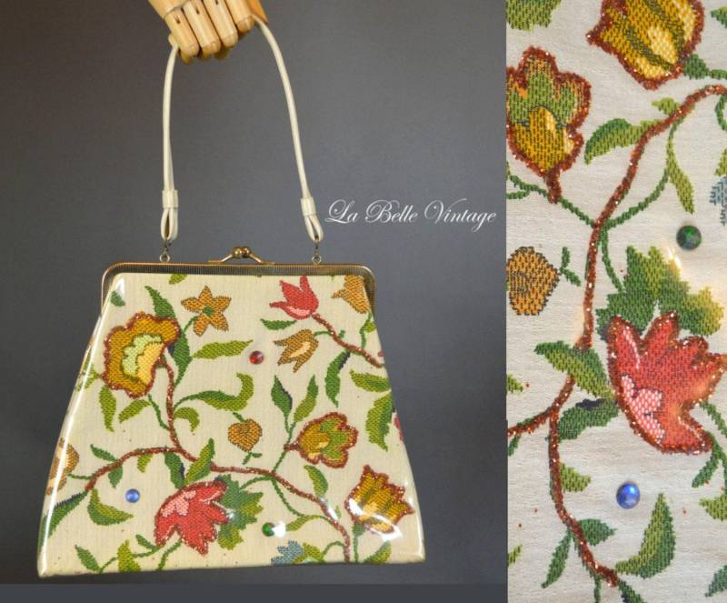 Floral Glitter Wandteppich Geldbörse Vintage Große Klare Vinyl-Handtasche , Strass Trim von labellevintage