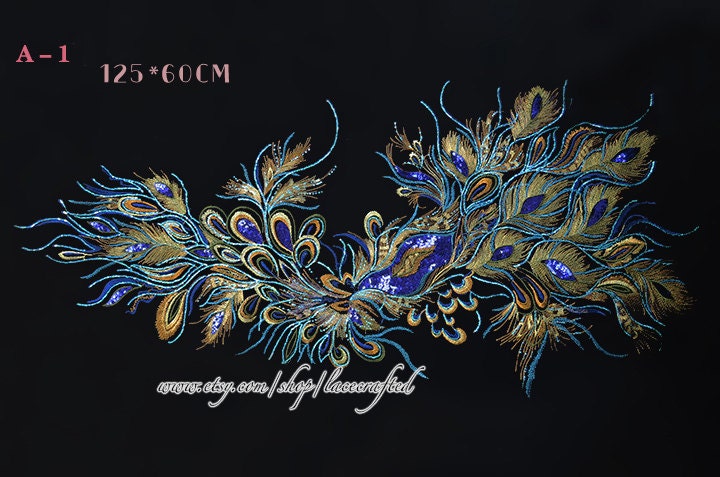 Blau Grün Lila Spitze Pfau Applikation Stickerei Pailletten Applikationen Nähen Auf Patch Trim Für Kleid Kostüm Design Schwarzer Hintergrund von lacecrafted