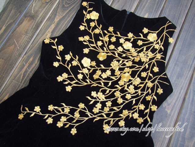 Gold Silberfarben Blatt Reben Applikation Stickerei Patch Trim Pflaumen-Blüte Blume - Aufbügeln von lacecrafted