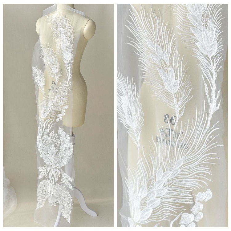 1 Stück Große Spitze Applikation Mit Pailletten Weizenblume in Elfenbein Auf Mesh Für Hochzeitskleid, Abendkleidung von lacejamila