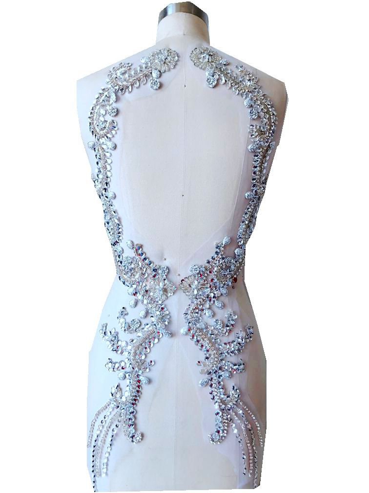 2019 Neueste Silber/Gold Kristall Strass Applikationen Auf Mesh Mit Schwere Perlen Für Brautkleid Zurück Verschönerung 65 16 cm 1 Paar von lacejamila