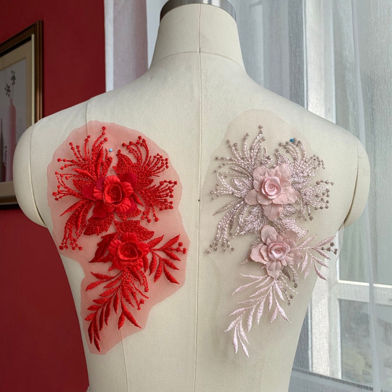 3D-Spitze Applikation Rot Oder Rosa Stickerei Blumenspitze Applikationen Brautkleider Lace Patch Trim von lacejamila