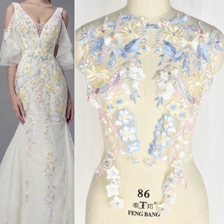 Bunte Spitzen Applikation, Gelb Blaue Blume Venedig Applikation 1 Paar von lacejamila