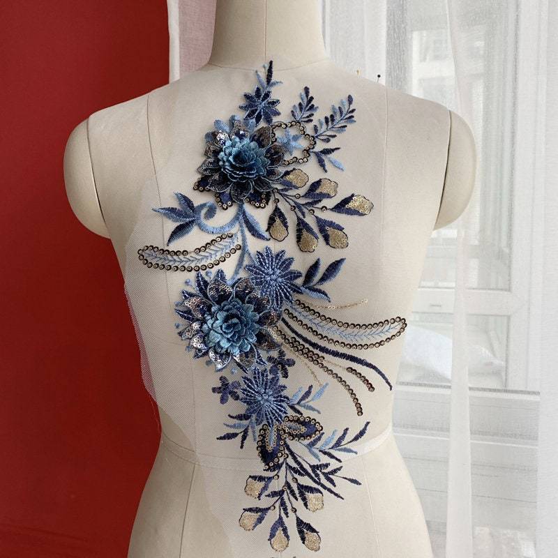 Gold, Blau 3D-Blüten-Spitze-Applikation Mit Pailletten, Bestickt Für Tanzkostüme, Brauthochzeit von lacejamila