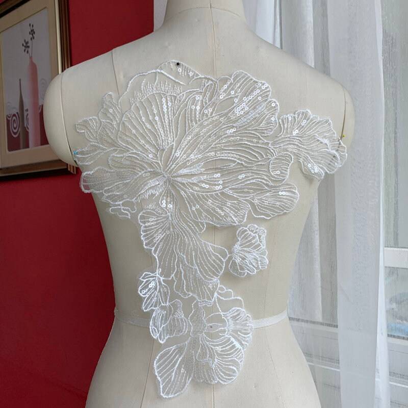 Off White Braut Spitze Applikation, Transparente Pailletten Tüll Mieder Brautkleid Applikation von lacejamila