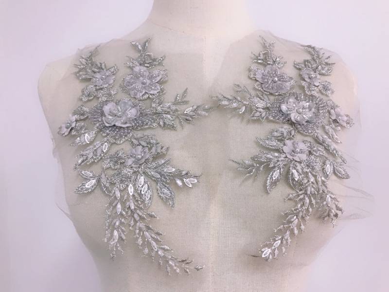 Grau Applikation, Perlen 3D Blumen-Spitze-Applikation, Perle Applikation Ein Paar von lacelindsay