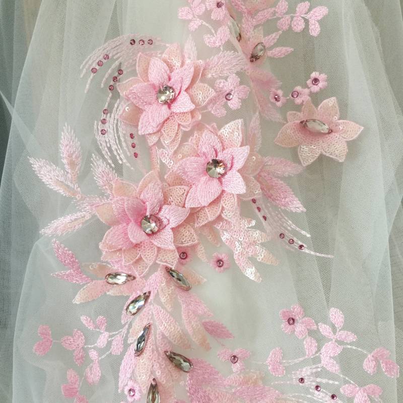 13 Farben Zarte 3D Strass Perlen Blumen-Spitze-Applikation in Baby-Rosa, 3D-Blumen-Spitze-Gewebe Hochzeitskleid Bühnenkleidung Abend von lacetime