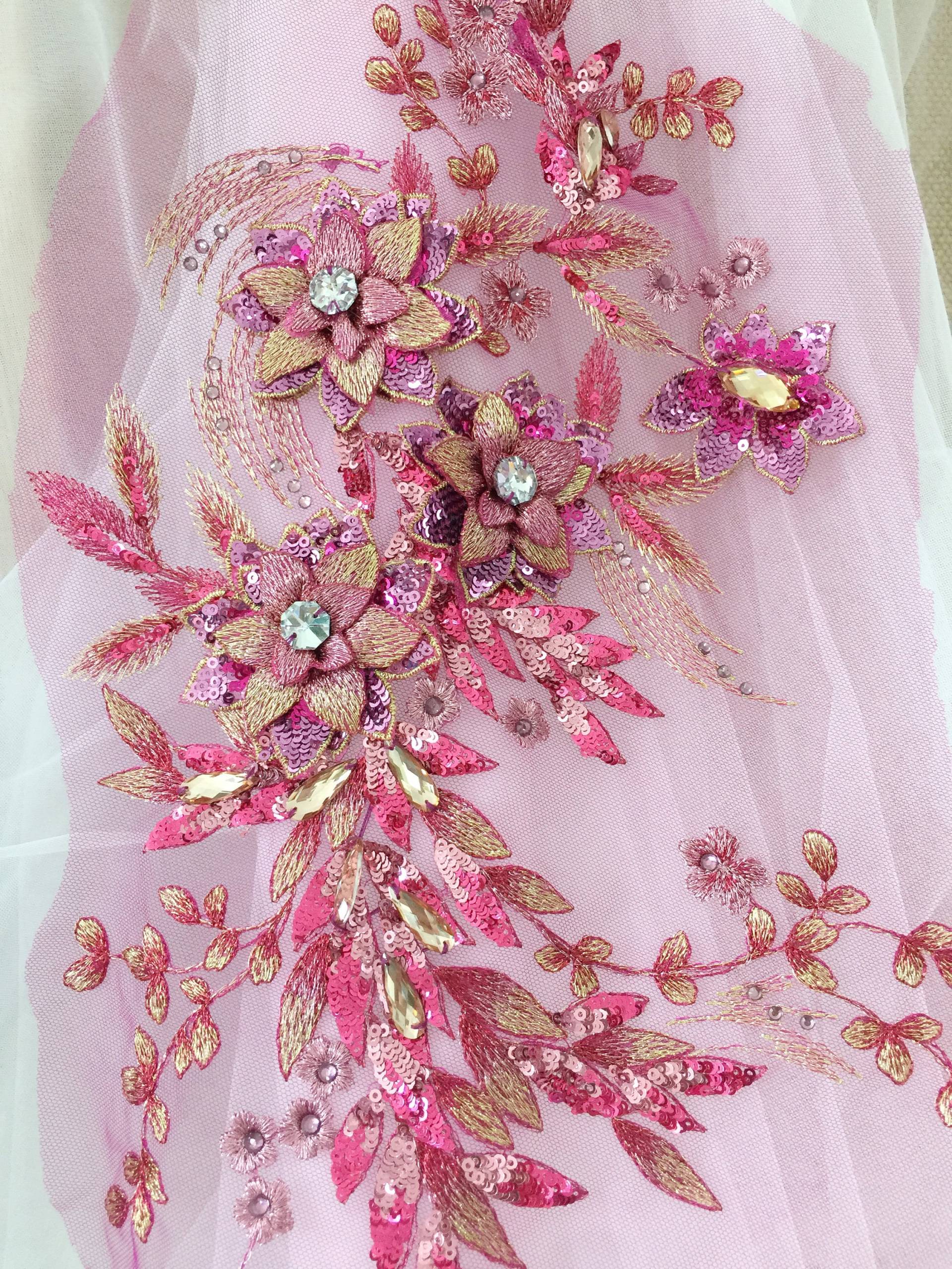 13 Farben Zarte 3D Strass Perlen Blumen-Spitze-Applikation in Hot Pink, 3D-Blumen-Spitze-Gewebe Hochzeitskleid Bühnenkleidung Abend von lacetime