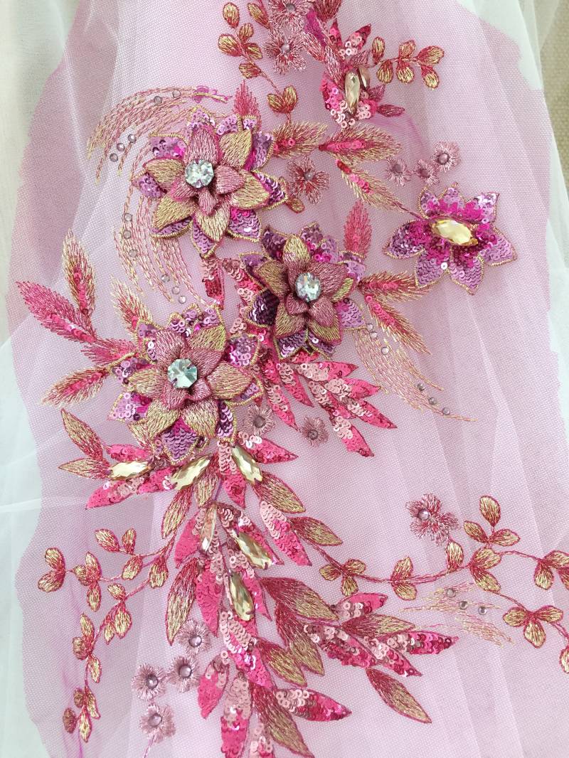 13 Farben Zarte 3D Strass Perlen Blumen-Spitze-Applikation in Hot Pink, 3D-Blumen-Spitze-Gewebe Hochzeitskleid Bühnenkleidung Abend von lacetime