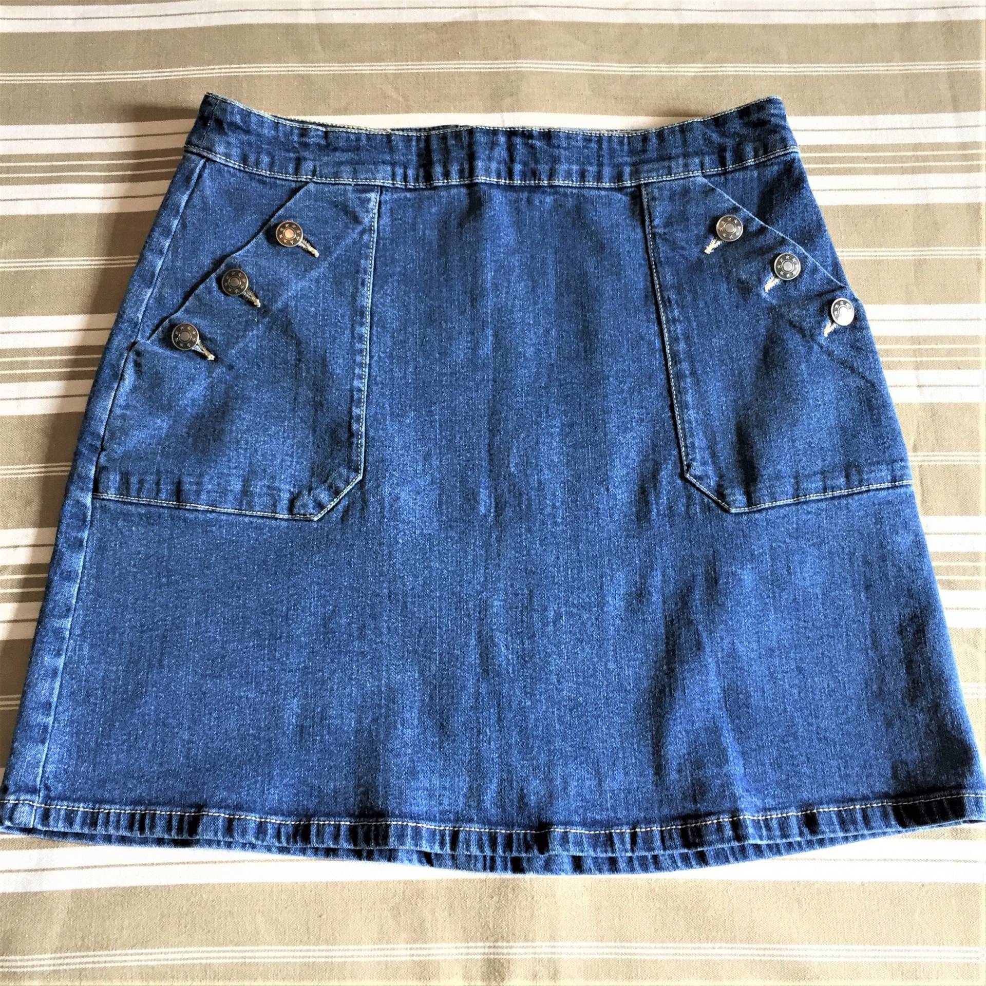 French 1980Er Damen Vintage Minirock & Druckknopfverschluss - Blauer Stretch Jeans Zeitloser Stil Made in France Neu M von ladouchka