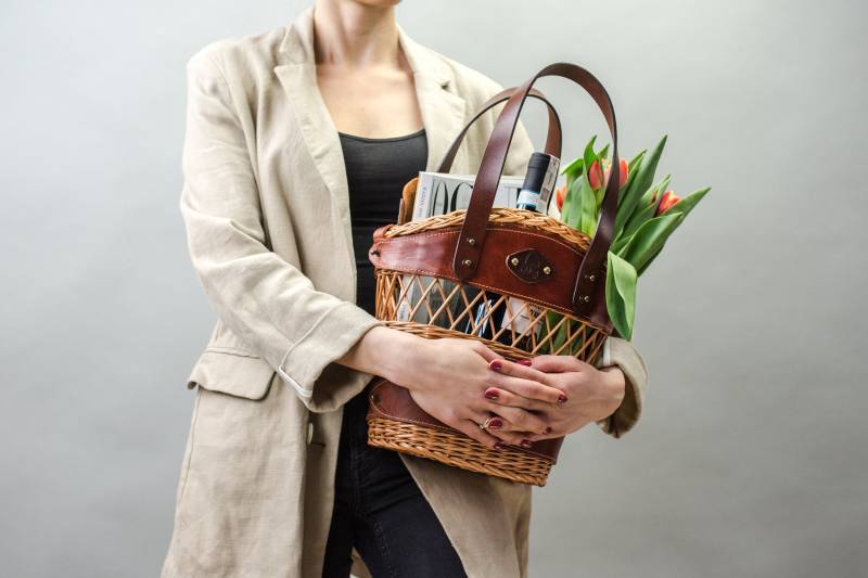 Handgewebte Weidenkorbtasche Einkaufstasche Aus Echtem Leder von ladybuq