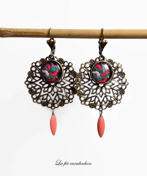 Boho-Ohrringe Im Ethno-Hippie-stil, Cabochon-Motiv, Wachsdruck/Blumenmuster, Korallenpailletten, Bronze, Geschenk Für Damen von lafeecarabochon