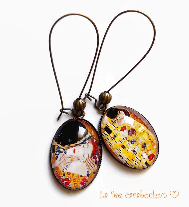Klimts Kuss-Ohrringe, Gelb, Orange, Rot, Schwarz, Gold, Glascabochons von lafeecarabochon