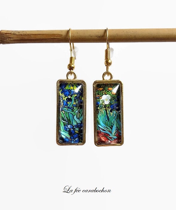 Ohrringe Die Iris Von Vincent Van Gogh Quadratisch, Rechteckiges Cabochon-Geschenk, Vergoldet, Glas, Kunstmalerei, Goldblau Grün Ohrringe Die Iris Von Vincent Van Gogh Quadratisch, Rechteckiges Cabochon-Geschenk, Vergoldet, Glas, Kunstmalerei, Goldblau Grün von lafeecarabochon