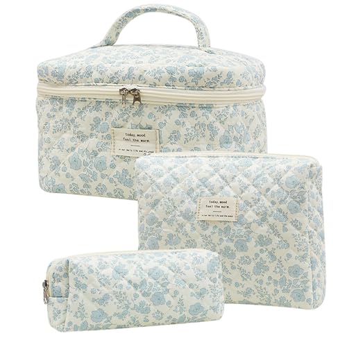 3 Stück Make Up Tasche Set Damen, Gesteppte Kulturtasche mit Blumenmuster, Make up Bag Aesthetic Blumen Schminktasche Cosmetic Bag von lafo