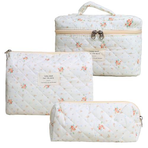 3 Stück Make Up Tasche Set Damen, Gesteppte Kulturtasche mit Blumenmuster, Make up Bag Aesthetic Blumen Schminktasche Cosmetic Bag von lafo