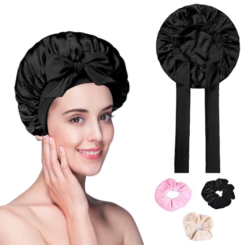 lafo 1 Stück Schlafmütze Satin Bonnet Nacht Schlaf Schlafhaube Seide mit 3 Haargummis Seidenhaube zum Schlafen Bonnet Sleep Cap für Damen und Mädchen (Schwarz) von lafo