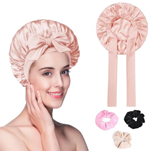 lafo 1 Stück Schlafmütze Satin Bonnet Nacht Schlaf Schlafhaube Seide mit 3 Haargummis Seidenhaube zum Schlafen Bonnet Sleep Cap für Damen und Mädchen (rosa) von lafo