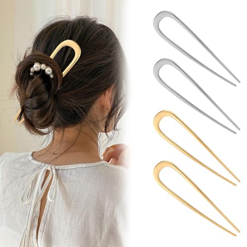 lafo 4Pcs große U-förmige Haarnadeln aus Metall, 2 Zinken Hochsteckfrisur Chignon Pins Haarnadeln, Französische Haarnadel für Frauen Mädchen, 2Gold 2Silber von lafo