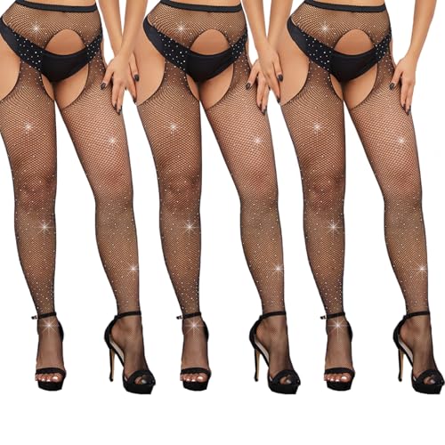 lafomukea Damen Strapsstrumpfhose, Schwarz Netzstrümpfe, Rhinestones Netzstrumpfhose, Strumpfhosen Glitzer, trapsstrümpfe von lafomukea