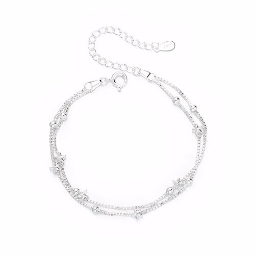 lafomukea Silber Armband für Damen, Silber 925 Damen Stern Perle Armbänder, Verstellbare Layered Armband, Armkette Frauen für Freunde, Töchter, Mutter, Mädchen, Schwester, Freundin von lafomukea